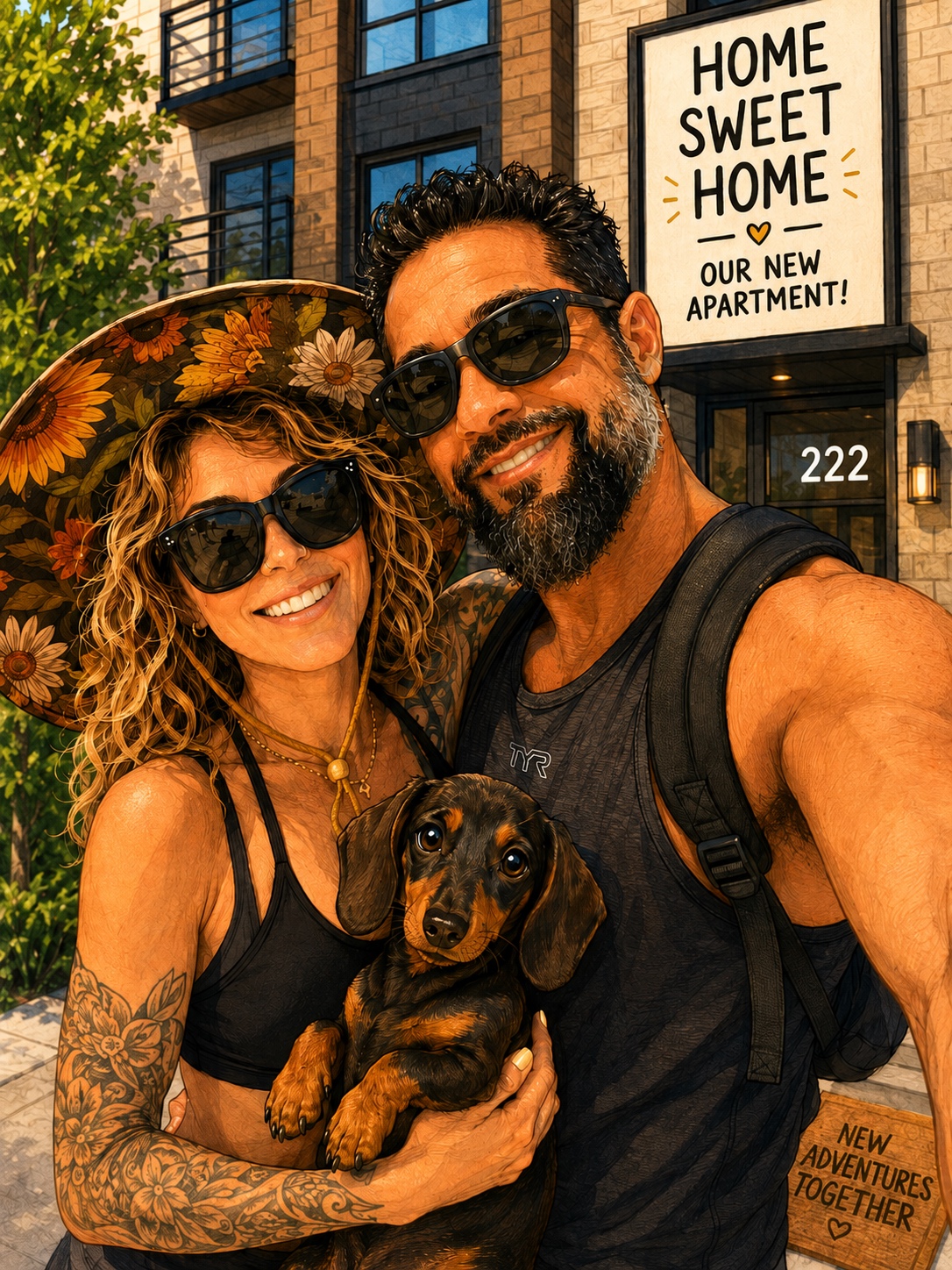 Brad and Claudia holding Winston in front of their new apartment